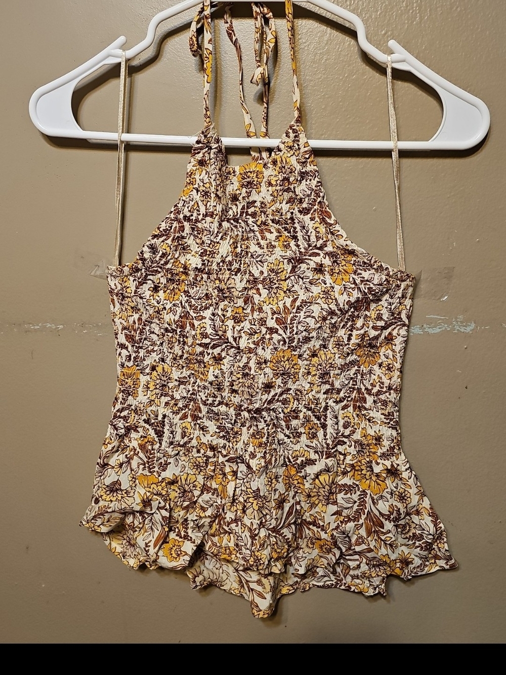 Patrons of Peace Floral Halter Smocked Camisole in Cream and Mustard